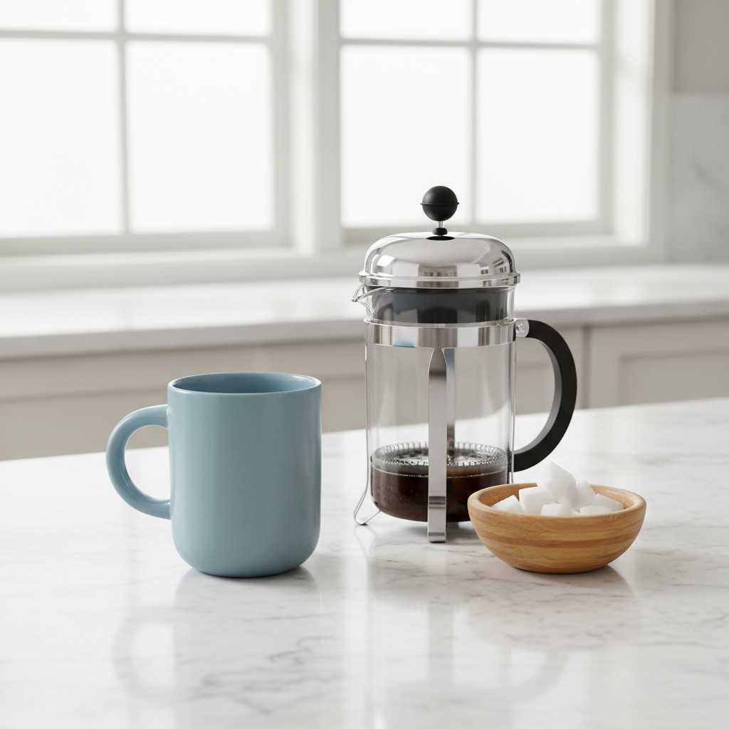 Alt Text: silver and black French press coffee maker and cup on a marble countertop with a window in the background.
